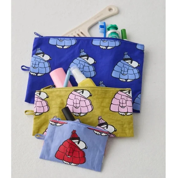 BAGGU Peanuts Puffer Snoopy Recycled Nylon Flat 3 Pouch Bag Set - Picture 2 of 5